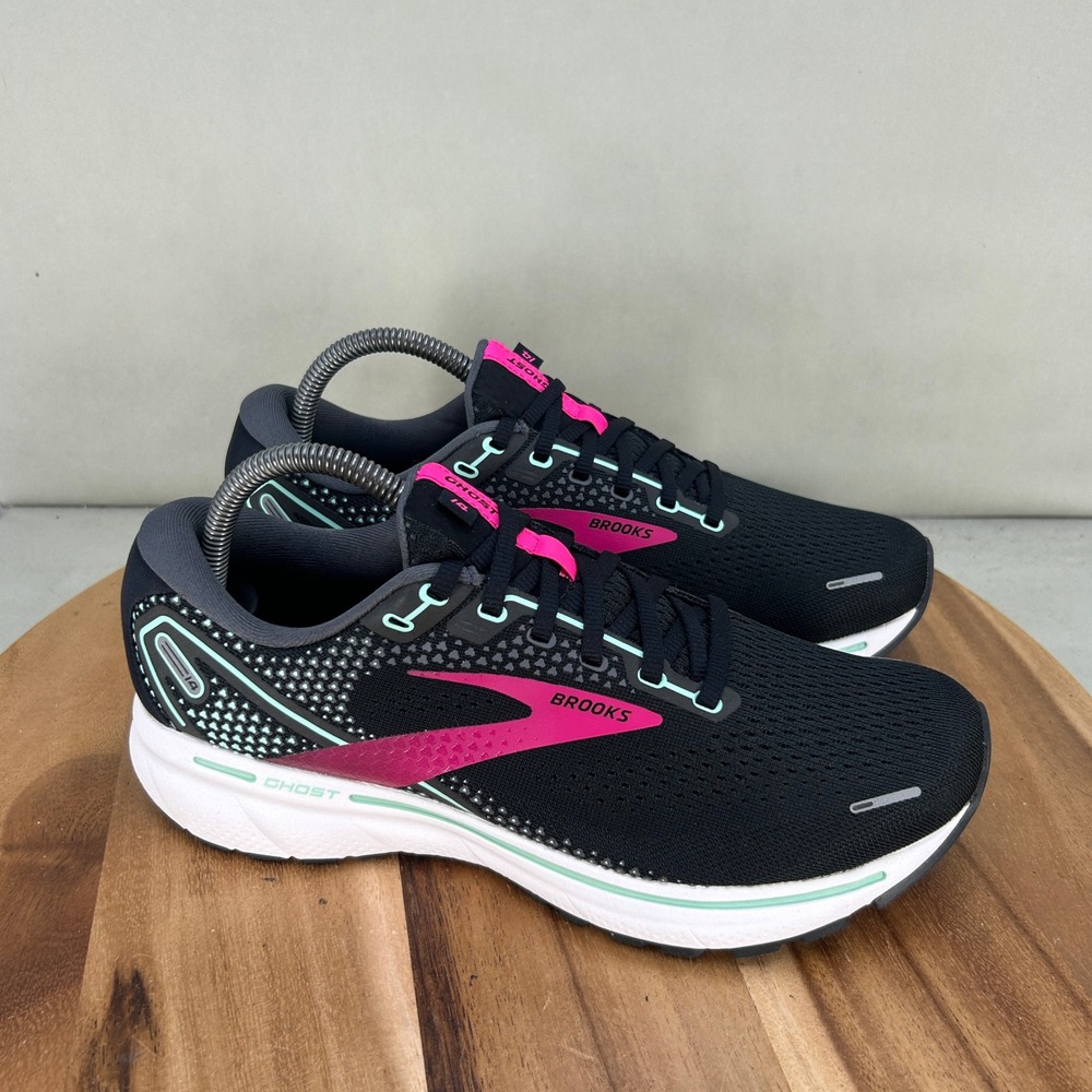 Brooks Ghost 14 Womens Running Shoes Black Pink Teal 1203561D013 Size 9.5 Wide D